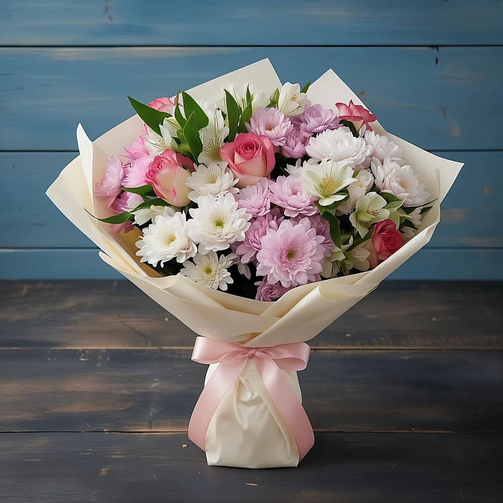 Букет цветов из: Хризантемы, Альстромерии и Розы в Дмитриеве